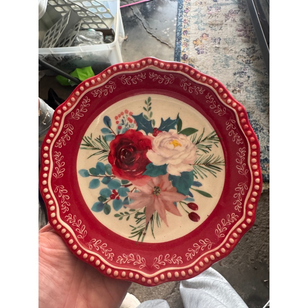 The Pioneer Woman Wishful Winter Rose Red Appetizer Plate Stoneware Holiday
